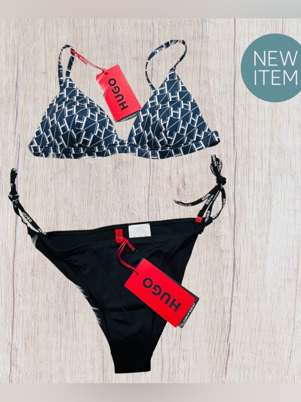 New HUGO Navy Patterned & Black Logo Tie-Side Bikini,size Medium,Price is Firm